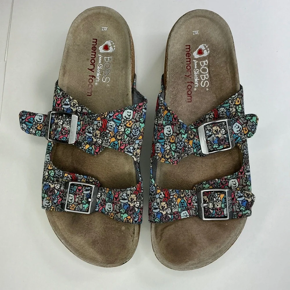 BOBS Skechers Multicolor Dog Print Slide Sandals Kids Size 7 Memory Foam Buckle